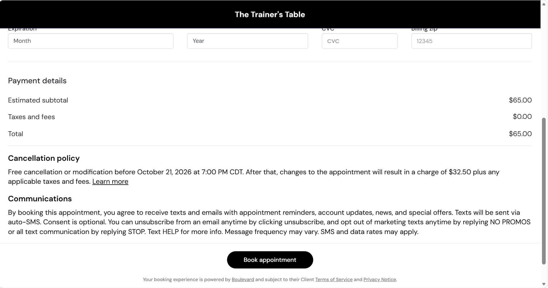 Bottom of the booking screen with the Book appointment button