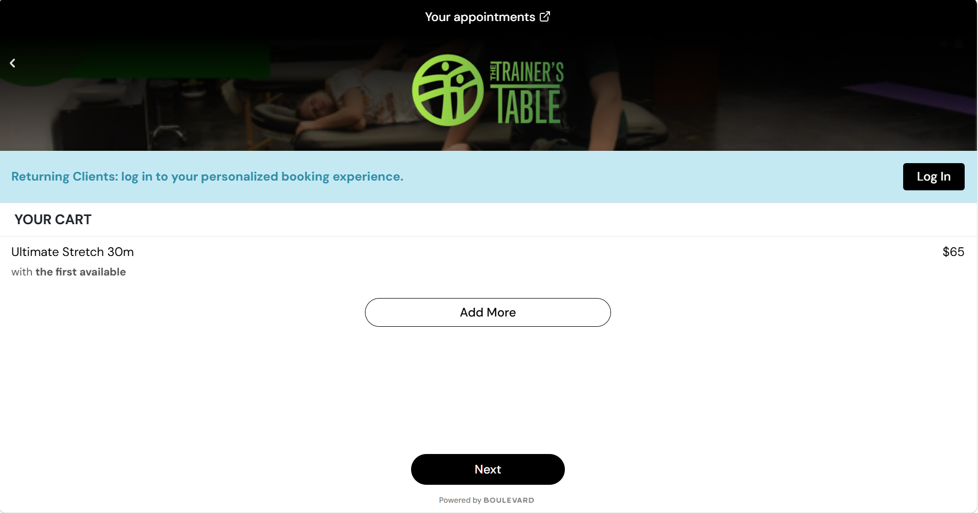 Booking cart with the Add More and Next buttons