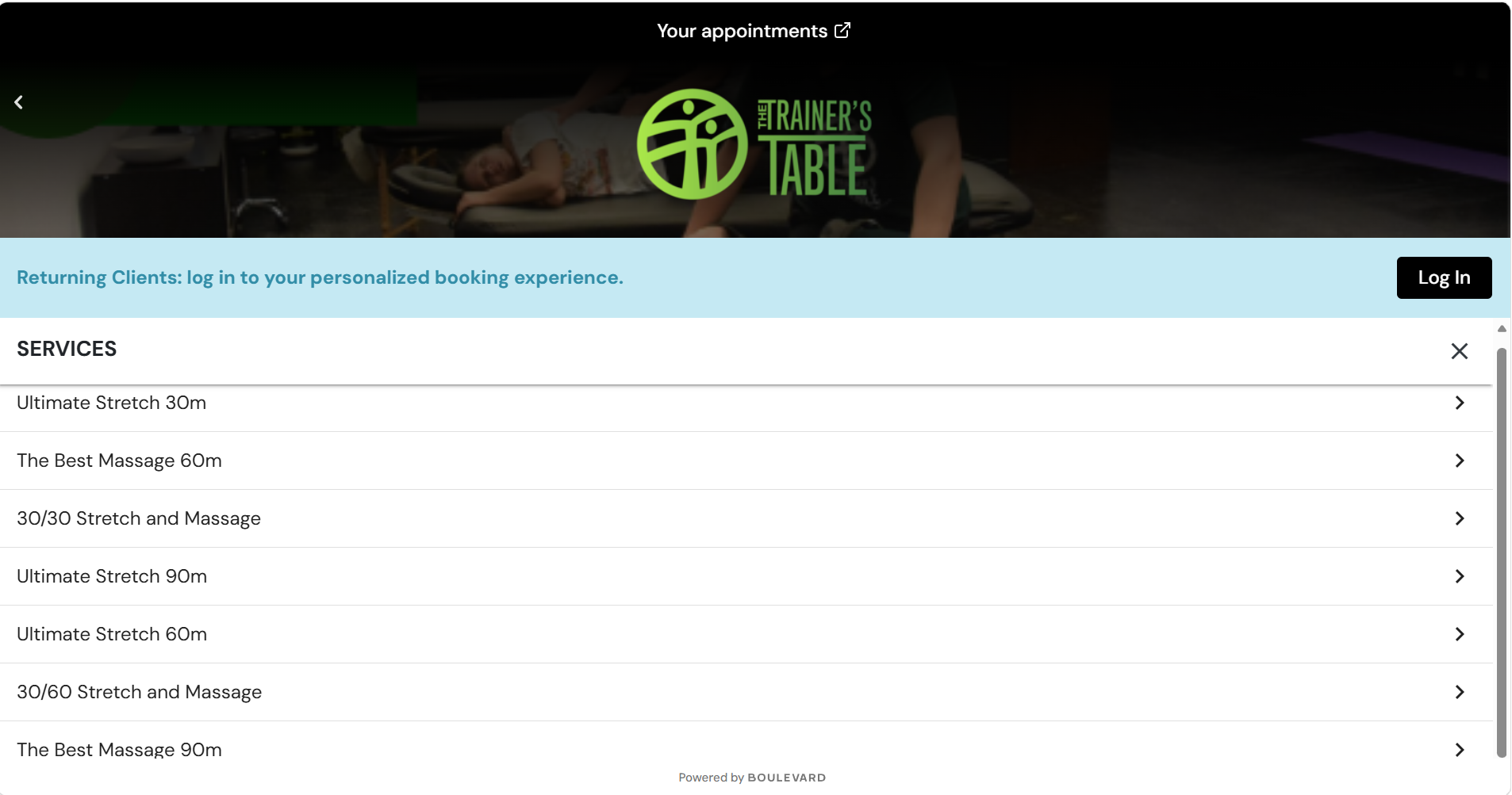 Boulevard service list showing Ultimate Stretch, massage, and combination appointment choices