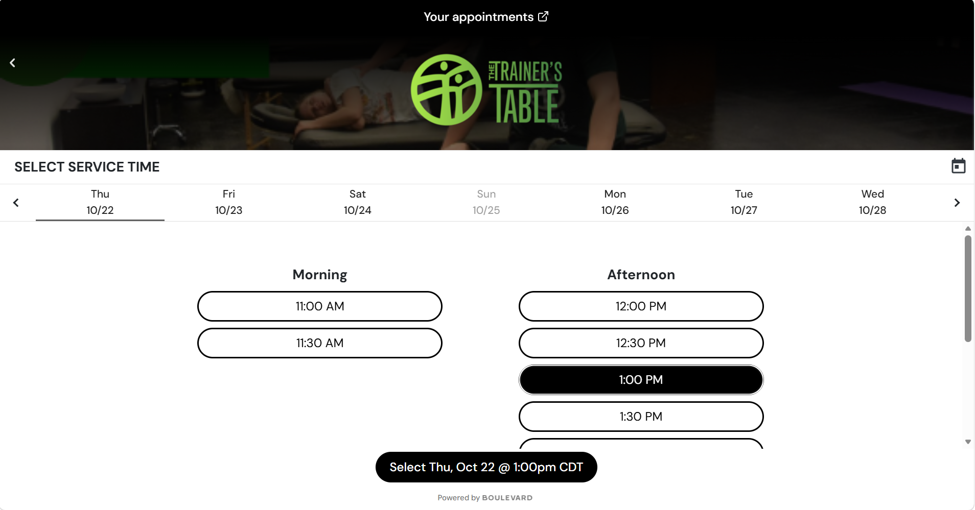 Booking schedule with 1 PM selected and a confirmation button at the bottom