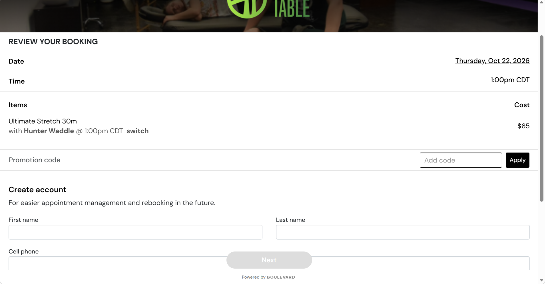 Review your booking page showing the chosen date, time, and service