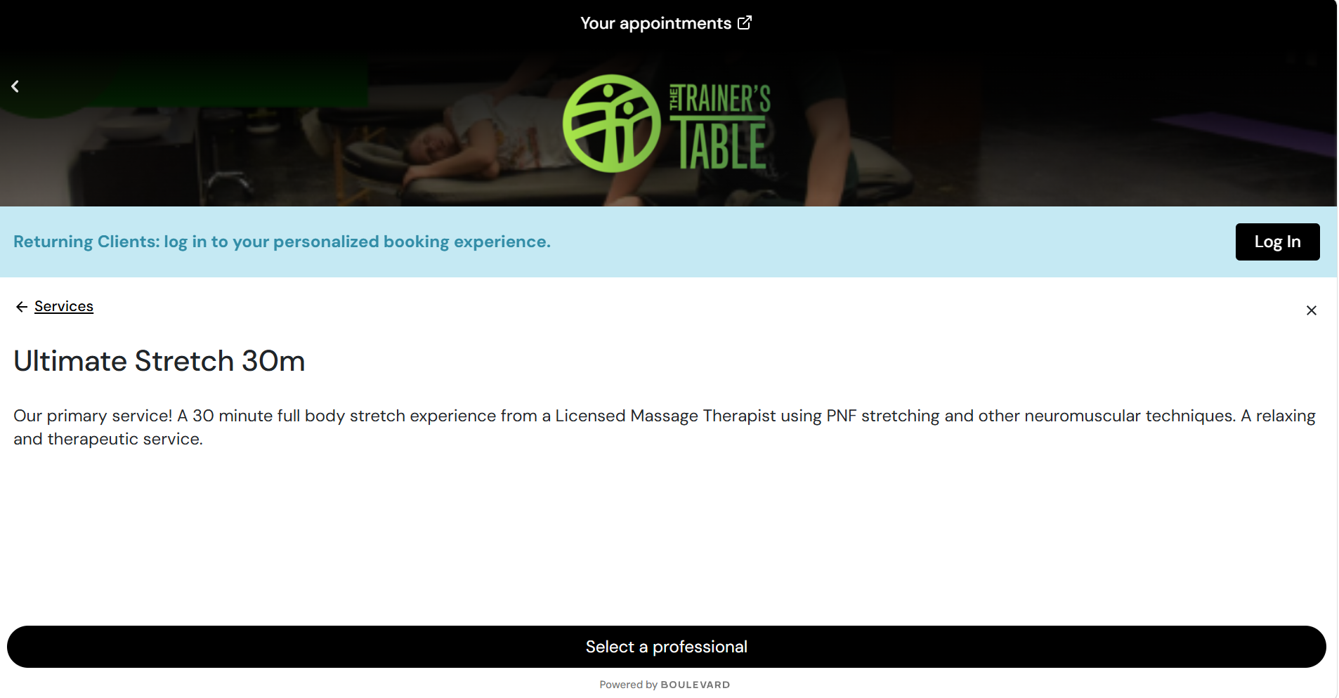 Service detail page with the Select a professional button at the bottom