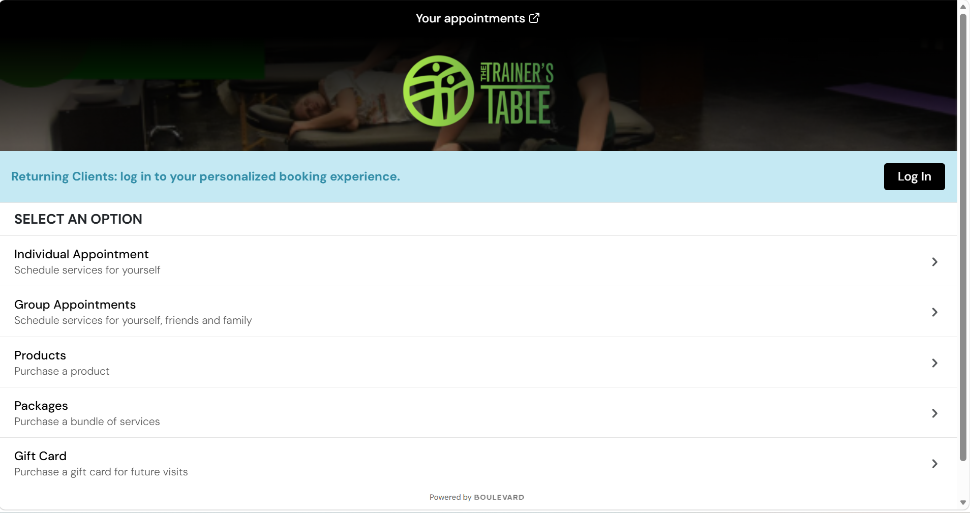 Boulevard booking screen with Individual Appointment at the top of the options